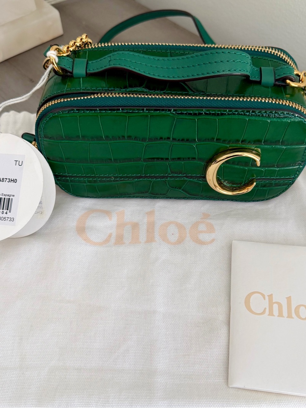 Chloe Green Croc-Embossed Calfskin Camera Bag with Gold C Logo NWT